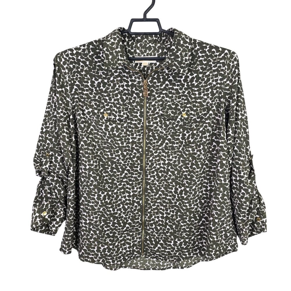 Womens Michael Kors Green & White Blouse Full Zip Polyester Button Up Size 2X